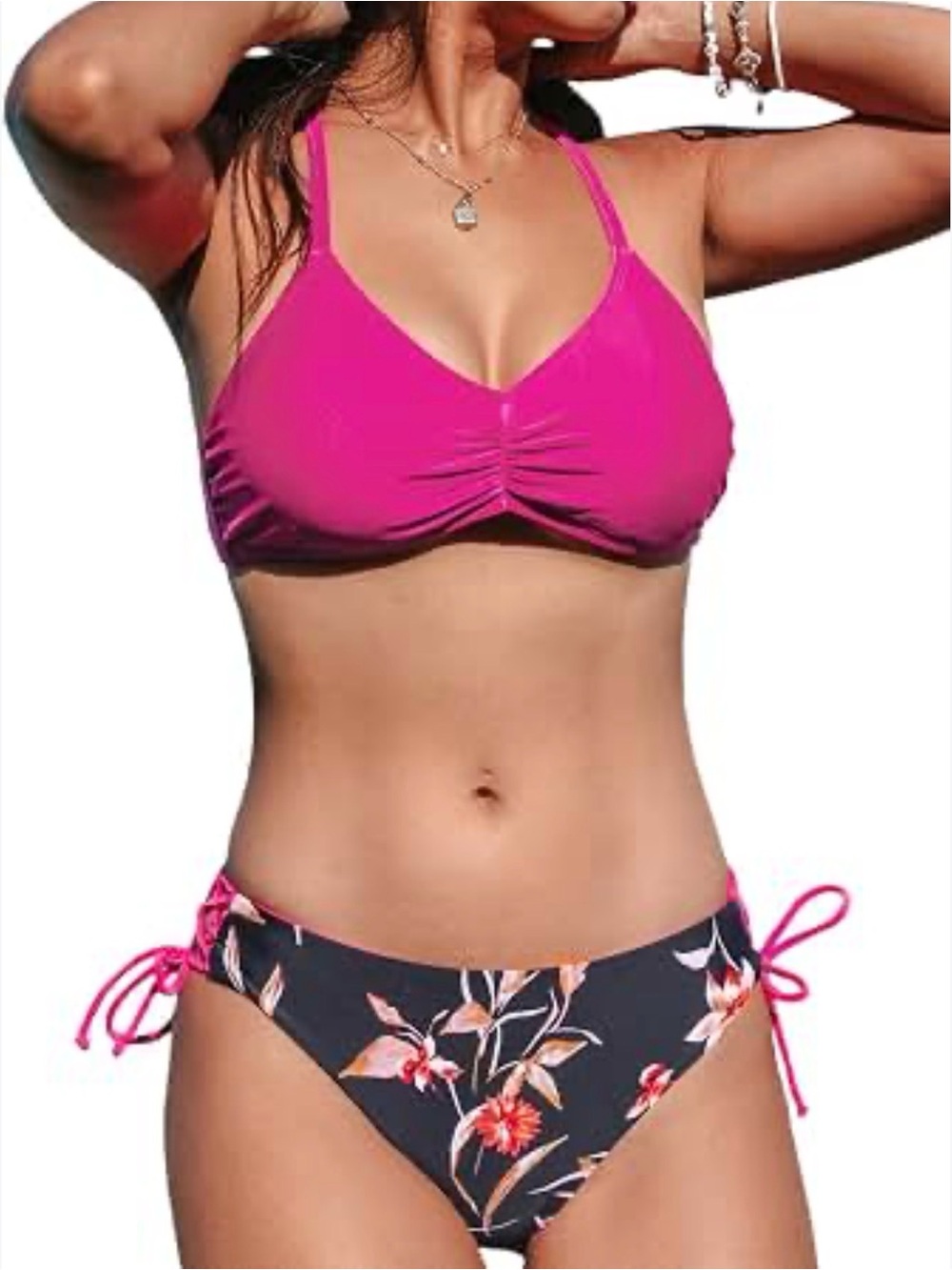 Cupshe Pink Ruched Bikini Set Top with Floral Tie-Side Reversible Bottoms Medium